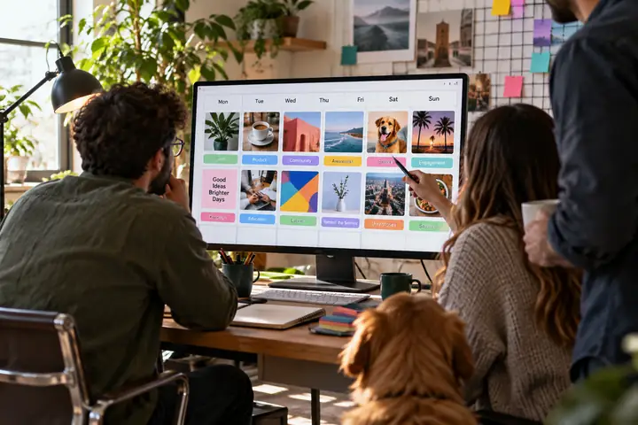 Moderner wöchentlicher Social-Content-Kalender mit farbenfrohen Post-Vorschauen, Kampagnenlabels und Steuerelementen für die Zusammenarbeit im Team.