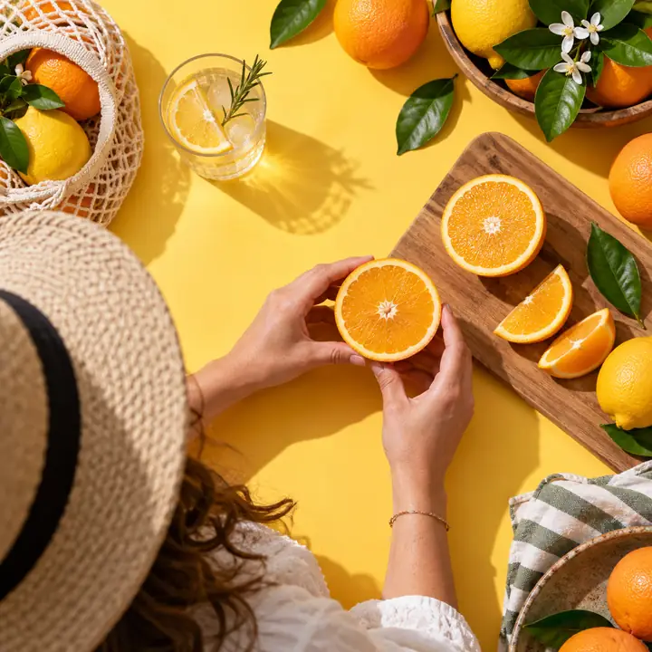 Heller Social-Media-Post von oben mit einer aufgeschnittenen Orange und frischen Zitrusfrüchten vor warmgelbem Hintergrund.