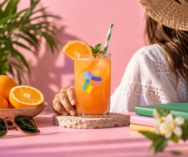 Farbenfrohe Produktaufnahme eines orangefarbenen Sommergetränks vor einer pastellrosa Studio-Kulisse.