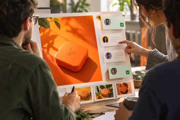 Übersichtliche Oberfläche für die Zusammenarbeit an Social Media mit einem leuchtend orangefarbenen Produkt-Post neben kontextbezogenen Teamkommentaren und Freigaben.