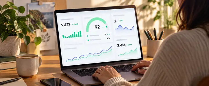 Ein übersichtliches Dashboard zur Suchmaschinen-Performance mit einem Wert für den Website-Zustand, Traffic-Zahlen und Ranking-Diagrammen.