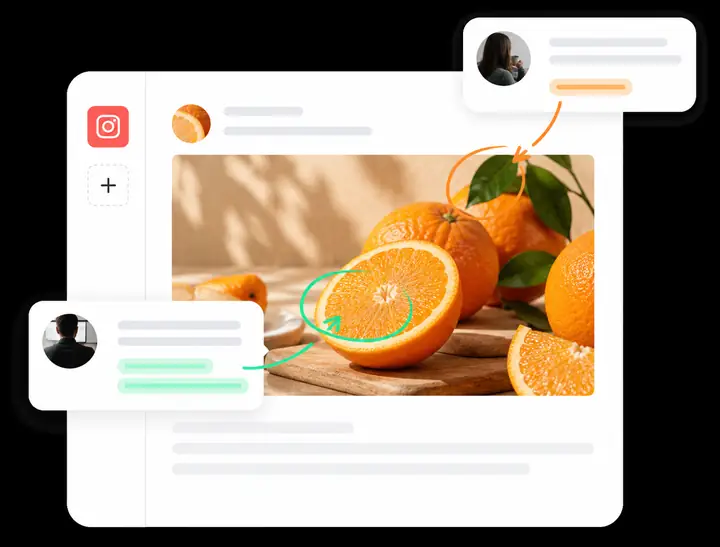 Elegante Oberfläche zur Content-Überprüfung mit einem Frucht-Post in Orange sowie kontextbezogenen Kommentaren, Vorschlägen und Anmerkungen.