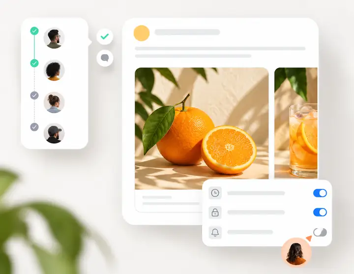 Oberfläche zur Freigabe eines Social-Media-Posts mit einem leuchtenden Zitrusbild, Überprüfungsschritten durch Teammitglieder und einfachen Planungseinstellungen.