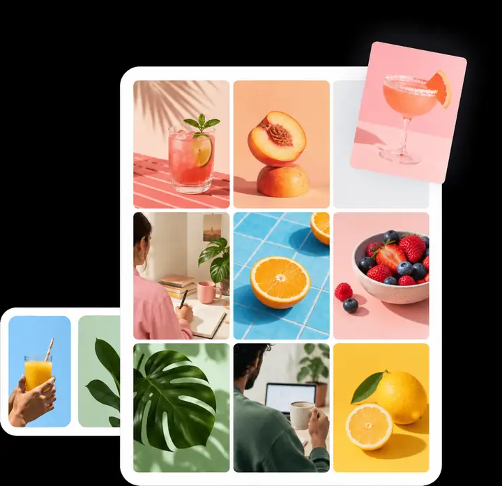 Einladendes visuelles Content-Grid mit farbenfrohen Frucht- und Getränkeposts, die in einer leicht zu überprüfenden Oberfläche angeordnet sind.